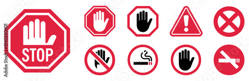 Alert Red Stop Sign Icon Set: Hand and Stop Sign Symbols for Warning, Prohibition, and Danger Vector Illustrations