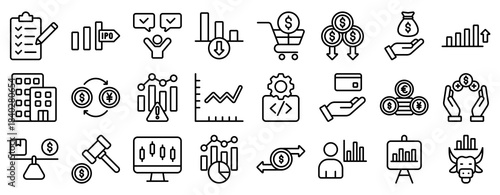 Stock Market Icon Set Collection Outline Style. Vector illustration.
