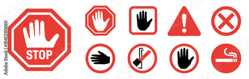 Red Stop Alert Icon Set. Hand Stop Sign, Warning, Prohibition & Danger Symbols