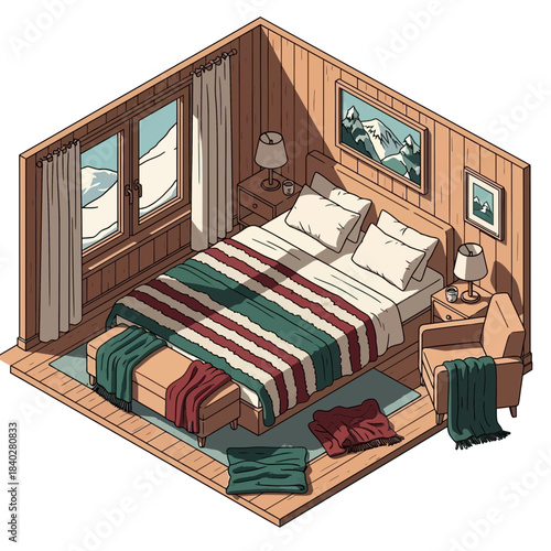 Cozy rustic bedroom with wooden paneling large window and inviting decor