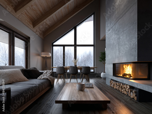 Scandinavian design-inspired interior of a cozy fireplace.