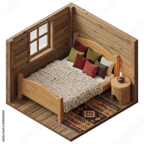 cozy rustic bedroom with wooden walls and colorful cushions for a relaxing retreat