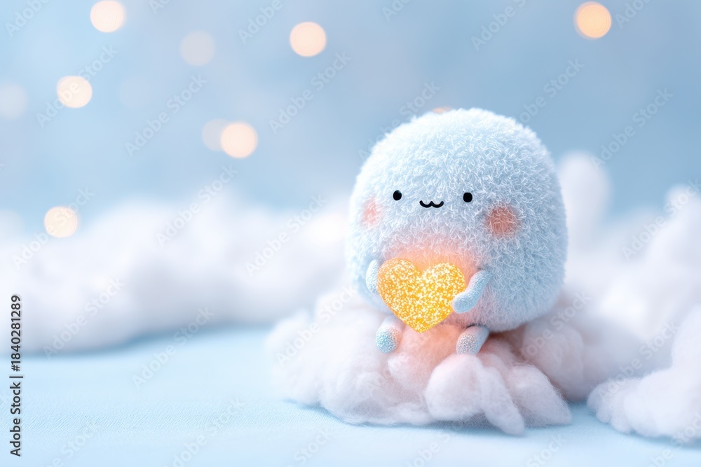 Obraz premium Cute Plush Edging Sheep Holding Glitter Heart on Dreamy Cloudy Background.