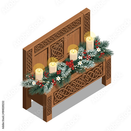 Decorative wooden table with Christmas candles and festive greenery display for holiday season