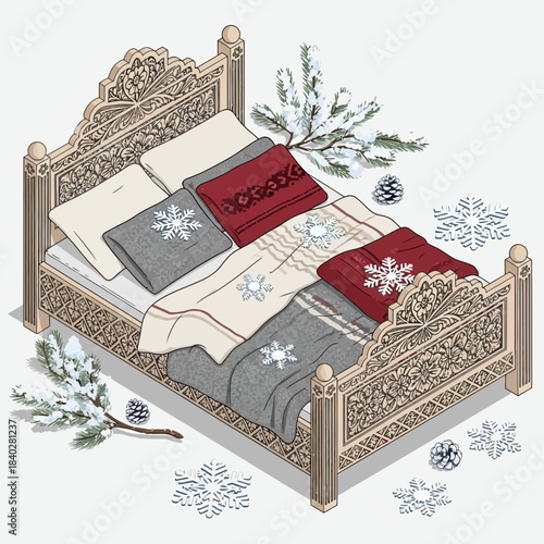 Elegant winter-themed bedspread styling with snowflake accents and cozy textiles in a beautifully