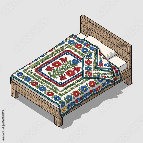 Illustration of a traditional embroidered bedcover with colorful floral patterns on a wooden bed
