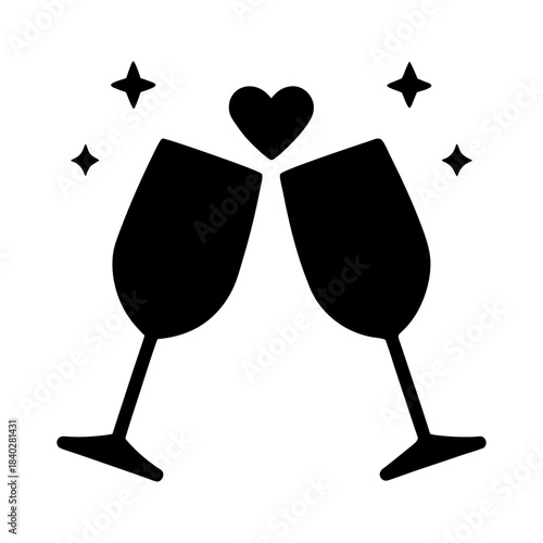 Flat Vector Wine Glasses Icon with Cute Heart Sparkles.