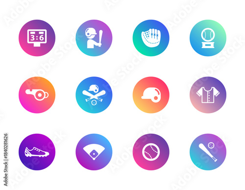 Baseball, sport, equipment. Vector set of 12 round gradient icons featuring bats, gloves, scoreboard, and player gear for sports UI, fan content, and athletic design.