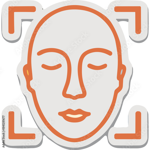 Stylized orange outlined human face icon with closed eyes against a light gray square background with corner brackets symbolizing facial recognition or identification technology