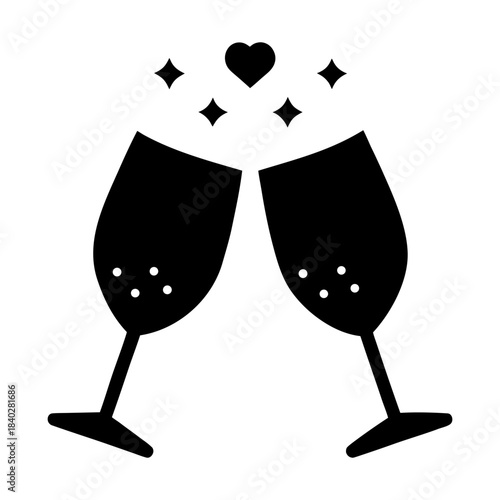 Wine Glasses Clinking Icon with Heart Sparkles in Minimal Style.