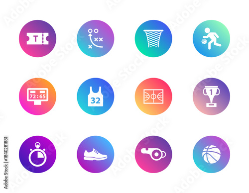 Basketball, sport, strategy. Vector set of 12 round gradient icons featuring ball, hoop, jersey, court, and gear for athletic UI, fan content, and game design.