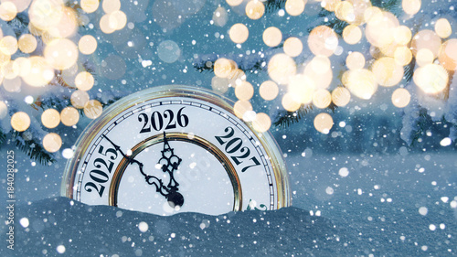 New Year 2026 vintage clock face emerging from a deep snowdrift under a snowy pine branch, surrounded by magical golden bokeh. Winter holiday, cozy celebration, and frozen time concept.