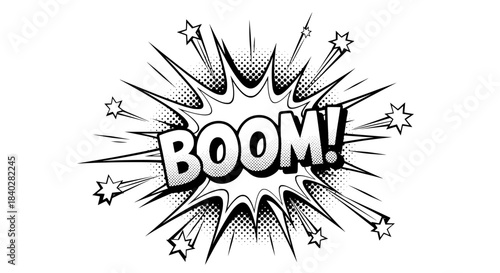 Monochrome vector illustration of a comic book explosion with the onomatopoeia word BOOM!