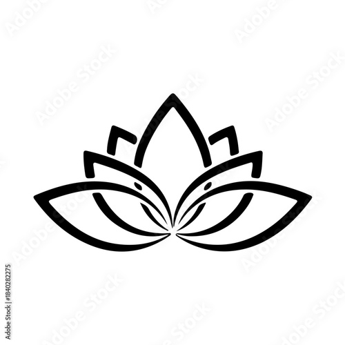 A stylized black and white lotus flower icon, a symbol of purity, enlightenment, peace, and spiritual growth in a minimalist design. isolated on transparent background