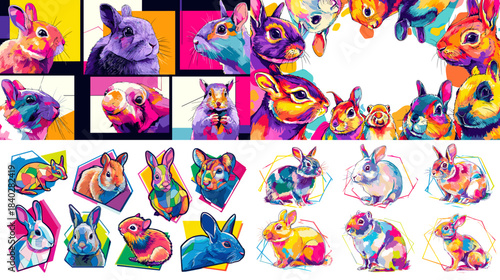 Vibrant pop art rabbit illustration set featuring bold colors and expressive poses. Perfect for modern design, posters, stickers, and creative decoration.