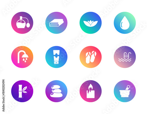 Spa, wellness, hygiene. Vector set of 12 round gradient icons featuring lotus, bamboo, towel, candle, and care items for relaxation, beauty, and personal care UI design.