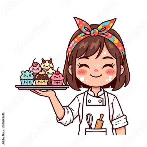 Cute chibi baker girl holding sweet cupcakes