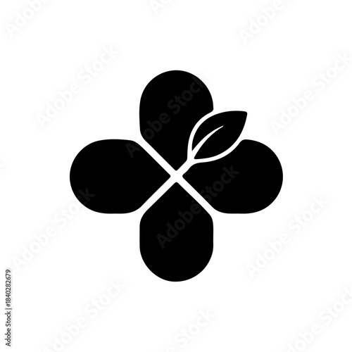 Abstract four-petal black icon with a stylized leaf on one segment, representing nature, growth, and environmental care concept. isolated on transparent background