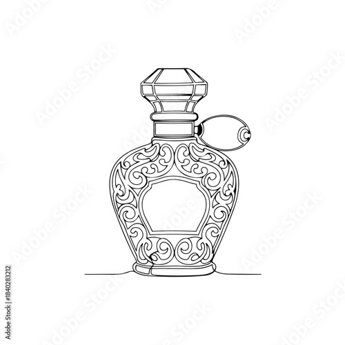 Elegant vintage ornate perfume bottle with decorative filigree pattern and large faceted cap, isolated line art isolated on transparent background