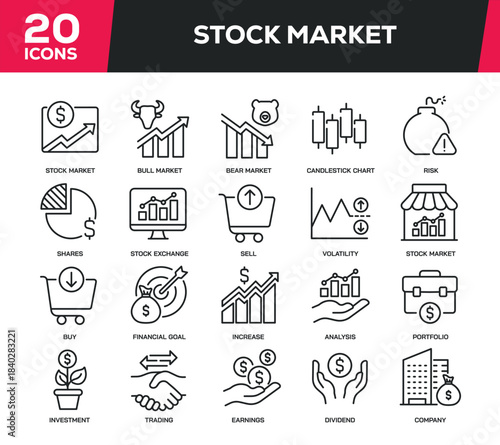 Set of collection line icons related Stock Market. Editable stroke. Perfect pixel on transparent background