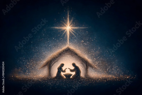 Nativity manger scene silhouette with shining star
