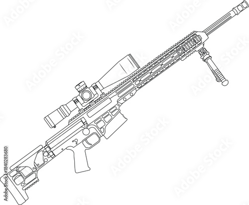 Side view outline of a sniper rifle with a support stand and scope. 