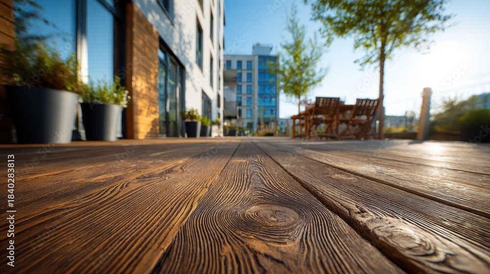 Fototapeta premium Close-up on a wooden deck with buildings and furniture in soft focus. It is great for backgrounds or showcasing outdoor living concepts.