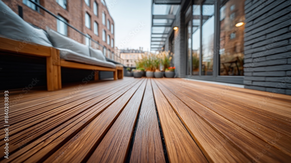 Fototapeta premium Wooden patio with furniture and plants in pots, sunny daytime view. Use for outdoor decor, architecture, or real estate marketing.