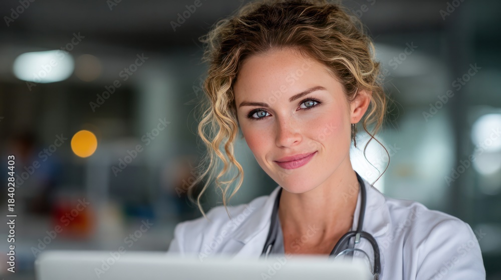 Obraz premium Confident Medical Professional: A close-up shot of a poised medical professional, radiating confidence, embodies expertise in the healthcare field, showcasing dedication and compassionate care.