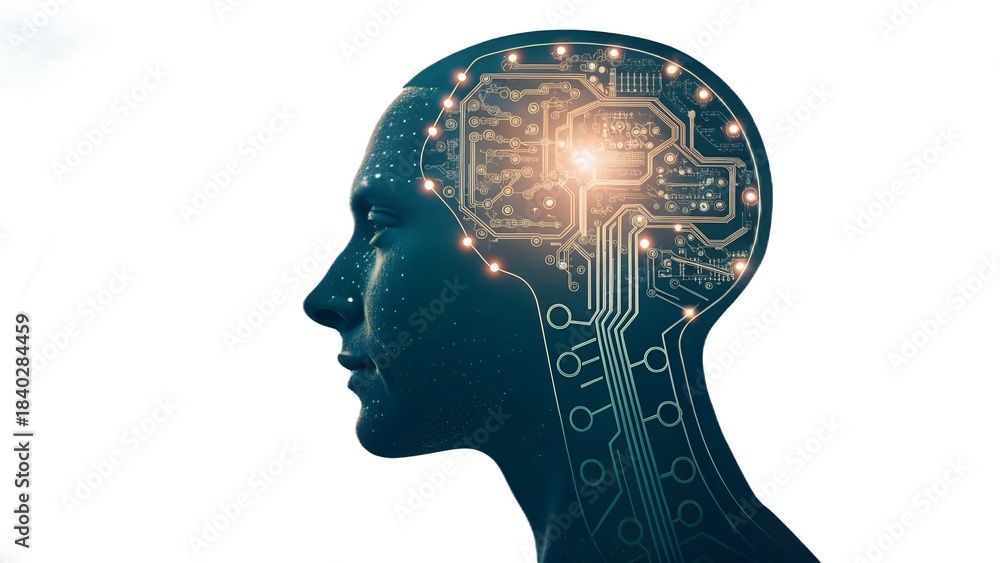 Obraz premium Artificial Intelligence Human Head with Digital Circuit Board Brain 