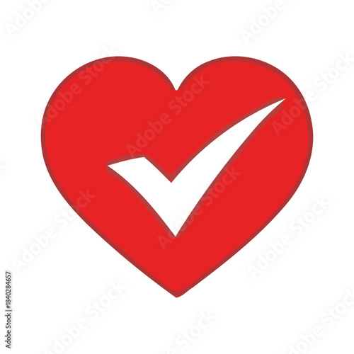 Red heart vector graphic with white checkmark. Symbolizing approval, love, health, well-being, positive feedback, and satisfaction. Ideal for digital applications