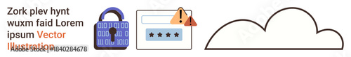 Cybersecurity, data protection, login security, cloud computing, online privacy, digital safety. Visual elements include a lock, login form warning icon and a cloud. Cybersecurity and data