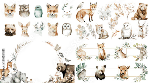 Charming watercolor woodland animals including foxes, owls, bears, deer, and botanical wreaths. Perfect for nursery prints, greeting cards, children’s themes, and cozy forest illustrations.