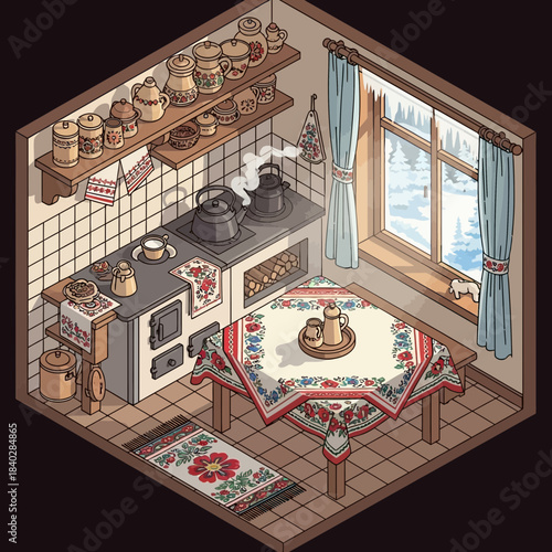 Cozy vintage kitchen scene featuring traditional furniture and a warm atmosphere with a stove and