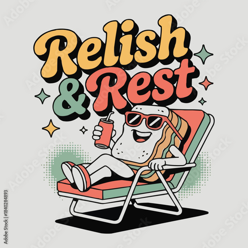 Relish & Rest Funny Sandwich Cartoon T‑Shirt Design, Retro Food Character Lounging in Beach Chair Vector