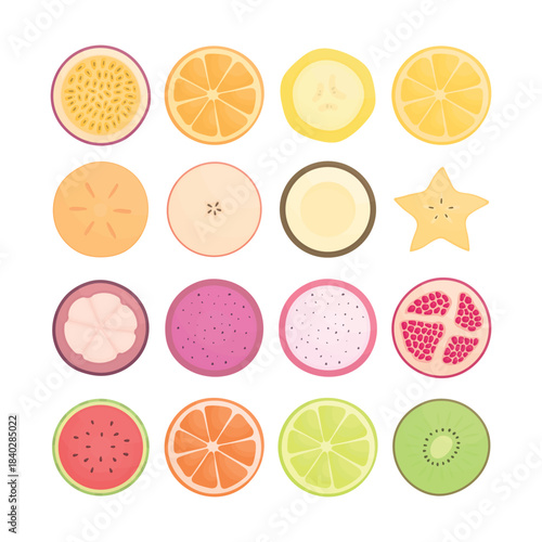 A set of sliced ​​fruits on a white background. Healthy eating. Vitamin-rich foods. Lemon, lime, banana, persimmon, passion fruit, orange.