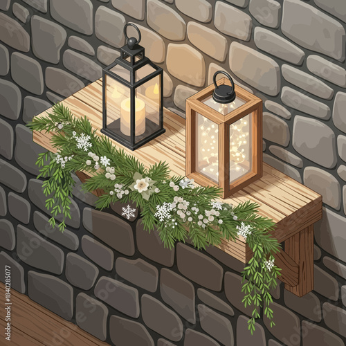 Decorative lanterns and green foliage arrangement on a wooden shelf against a stone wall