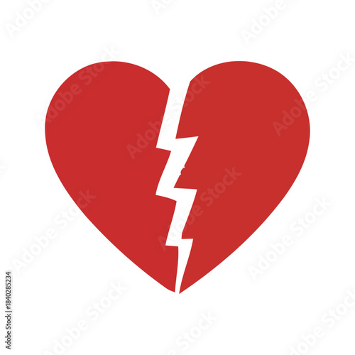 A fractured red heart symbolizing heartbreak, sadness, and emotional pain, with a crack resembling a lightning bolt running through its center, conveying a sense of division and distress