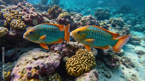 Fototapeta Naklejka Na Ścianę i Meble -  Two colorful parrotfish swim gracefully near vibrant coral reefs, showcasing the beauty of marine life and the diverse ecosystem found in the ocean's depths