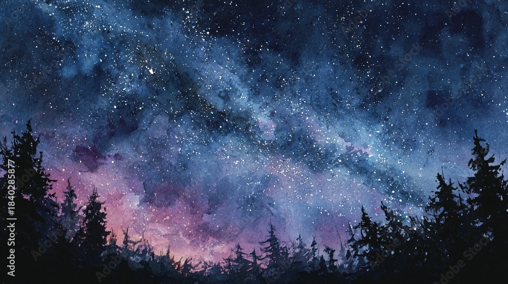 Fototapeta premium Stunning Night Sky with Milky Way and Silhouetted Pine Trees