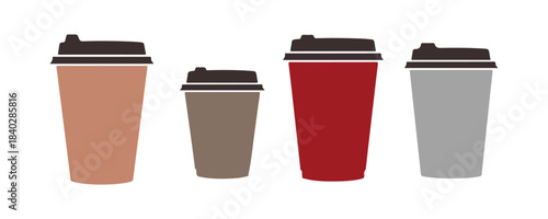 Disposable coffee cup collection. Various types of paper cups included. Simple flat vector icons set against a white background.
