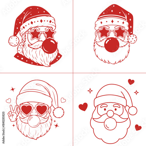 Christmas Santa Bubble Gum Claus bundle with braided beard sunglasses headphones and festive hand gestures in red line art holiday illustration set