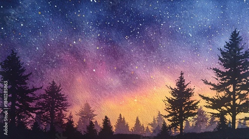 Starry night sky with colorful aurora over dark forest silhouette