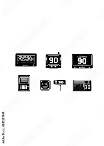 Retro Pixel Tech Devices Silhouette Set: Nostalgia and Bold 90s Technology Vector