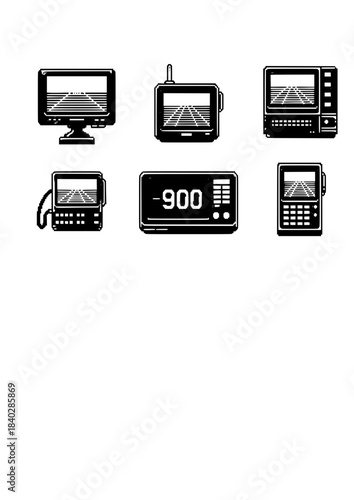 Retro Pixel Tech Devices Silhouette Set: Nostalgia and Bold 90s Technology Vector