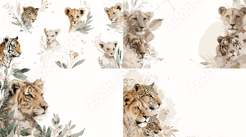 Elegant watercolor portraits of tigers and lions with soft earthy tones and botanical elements. Ideal for wildlife art prints, invitations, branding, and gentle nature themed compositions.