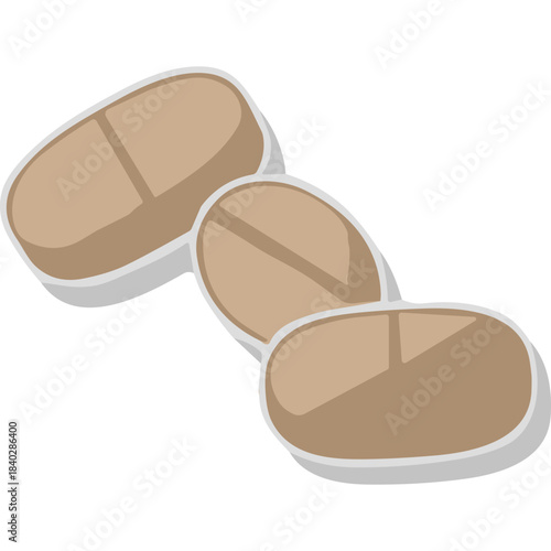 Three Brown Oval Shaped Pills with White Edges and Visible Score Lines on a Dark Background Minimalist Medical Illustration Isolated Object Representing Pharmaceuticals or Medication