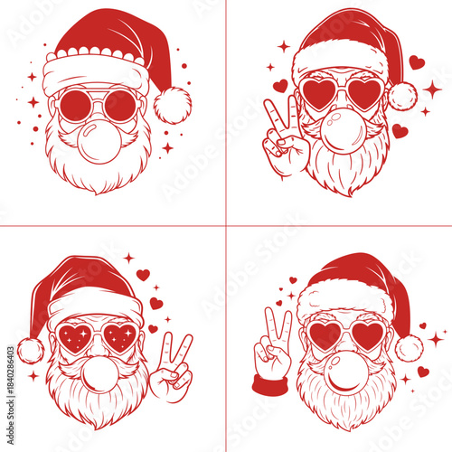 Christmas Santa Bubble Gum Claus bundle with braided beard sunglasses headphones and festive hand gestures in red line art holiday illustration set