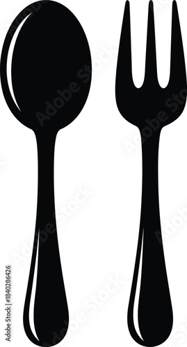 Black silhouette of a spoon and fork on white background