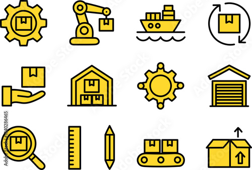 Logistics and Supply Chain Icons Set in Yellow Line Style for Shipping, Warehousing, Delivery, and Packaging